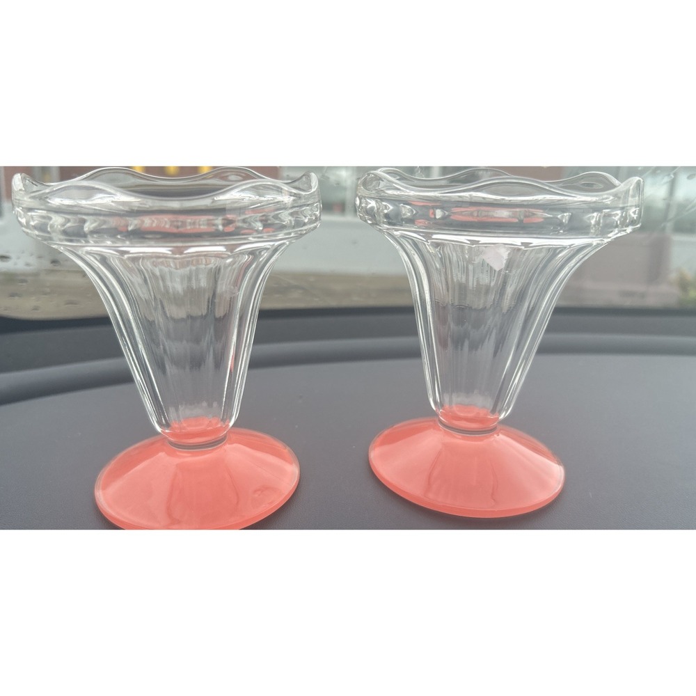 2 VTG Luminarc France Ice Cream Sundae Glass Tulip Ruffled Fluted Coral Red Base